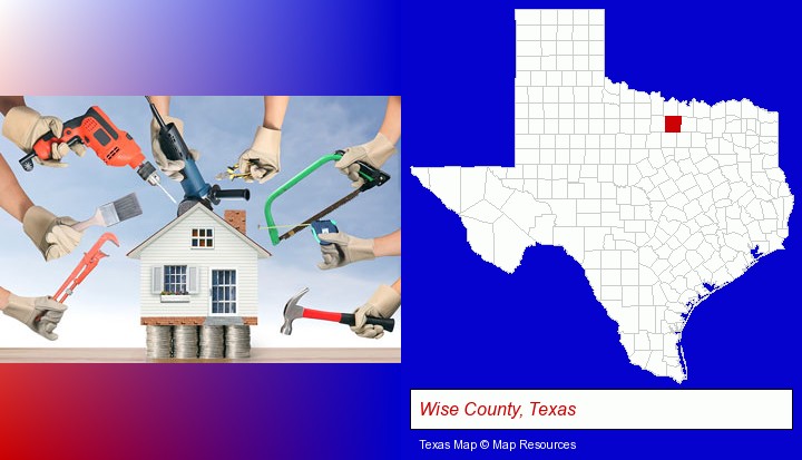 home improvement concepts and tools; Wise County, Texas highlighted in red on a map