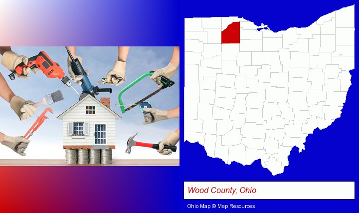 home improvement concepts and tools; Wood County, Ohio highlighted in red on a map