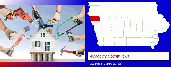 home improvement concepts and tools; Woodbury County, Iowa highlighted in red on a map