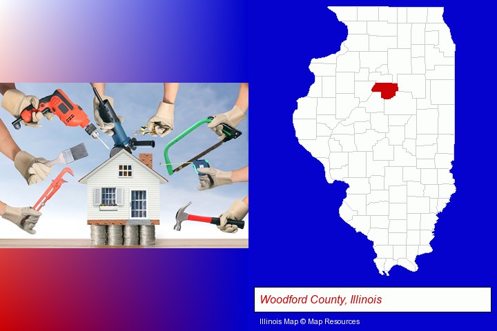 home improvement concepts and tools; Woodford County, Illinois highlighted in red on a map