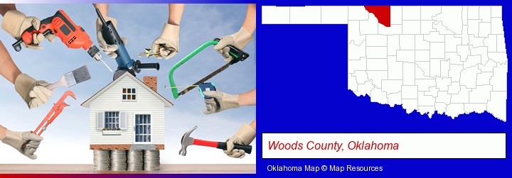 home improvement concepts and tools; Woods County, Oklahoma highlighted in red on a map