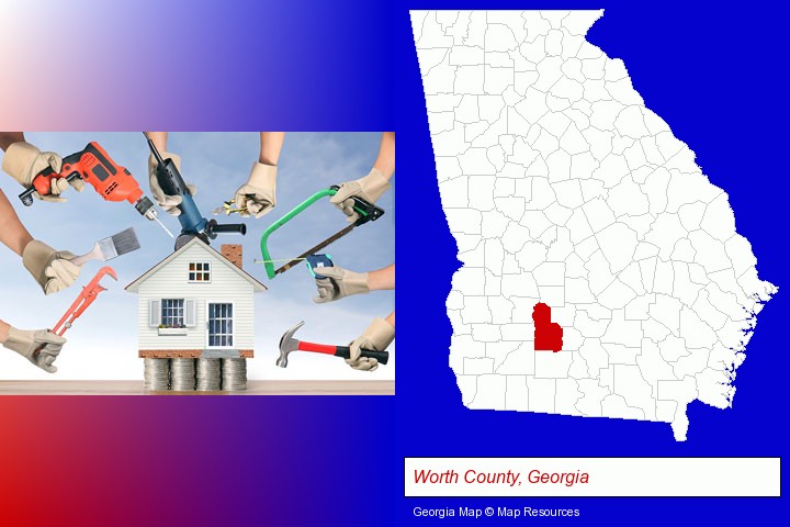 home improvement concepts and tools; Worth County, Georgia highlighted in red on a map