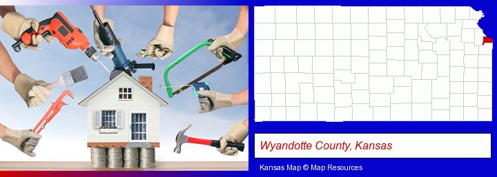 home improvement concepts and tools; Wyandotte County, Kansas highlighted in red on a map