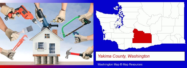 home improvement concepts and tools; Yakima County, Washington highlighted in red on a map