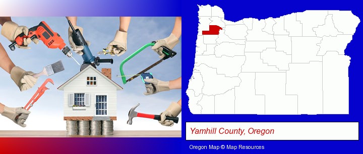 home improvement concepts and tools; Yamhill County, Oregon highlighted in red on a map