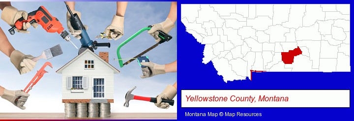 home improvement concepts and tools; Yellowstone County, Montana highlighted in red on a map