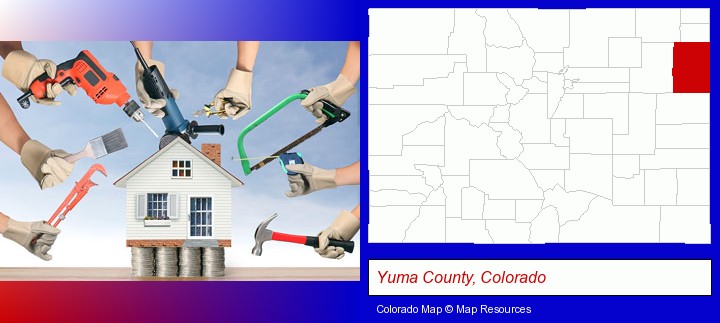 home improvement concepts and tools; Yuma County, Colorado highlighted in red on a map