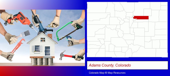 home improvement concepts and tools; Adams County, Colorado highlighted in red on a map