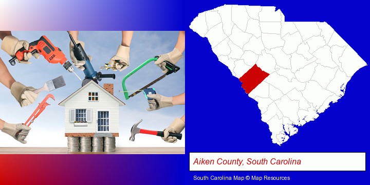 home improvement concepts and tools; Aiken County, South Carolina highlighted in red on a map