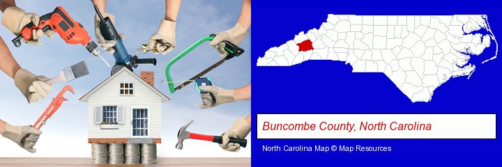 home improvement concepts and tools; Buncombe County, North Carolina highlighted in red on a map