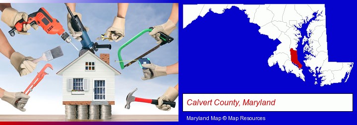 home improvement concepts and tools; Calvert County, Maryland highlighted in red on a map