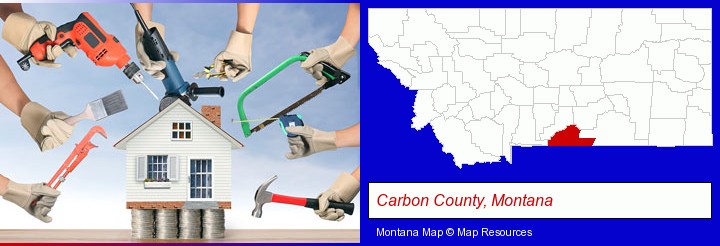 home improvement concepts and tools; Carbon County, Montana highlighted in red on a map