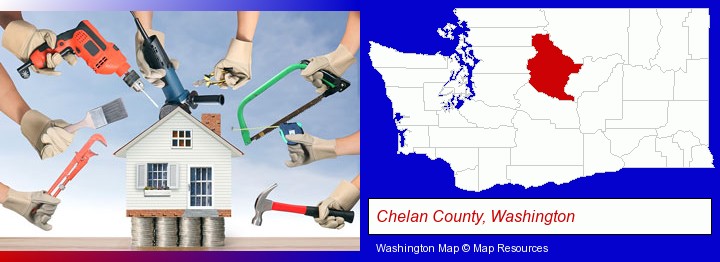 home improvement concepts and tools; Chelan County, Washington highlighted in red on a map