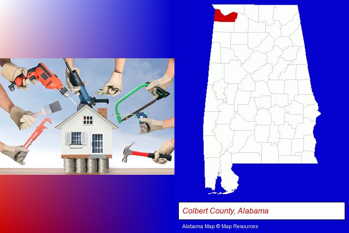 home improvement concepts and tools; Colbert County, Alabama highlighted in red on a map