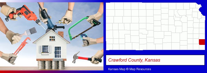 home improvement concepts and tools; Crawford County, Kansas highlighted in red on a map