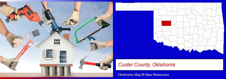 home improvement concepts and tools; Custer County, Oklahoma highlighted in red on a map