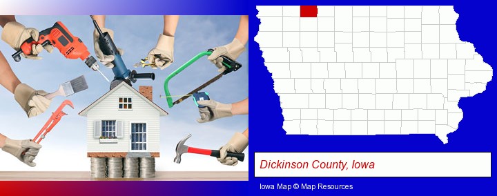 home improvement concepts and tools; Dickinson County, Iowa highlighted in red on a map