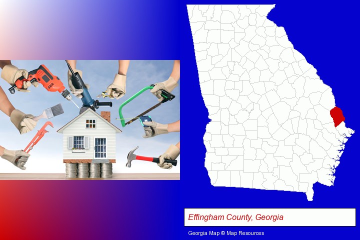 home improvement concepts and tools; Effingham County, Georgia highlighted in red on a map