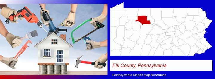 home improvement concepts and tools; Elk County, Pennsylvania highlighted in red on a map