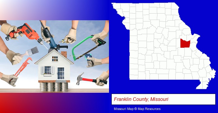 home improvement concepts and tools; Franklin County, Missouri highlighted in red on a map