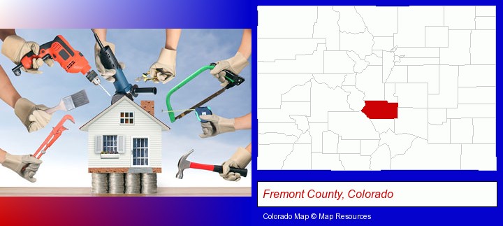 home improvement concepts and tools; Fremont County, Colorado highlighted in red on a map