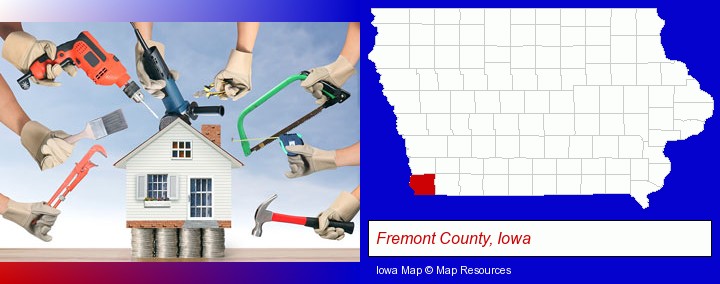 home improvement concepts and tools; Fremont County, Iowa highlighted in red on a map