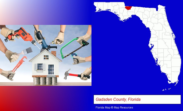 home improvement concepts and tools; Gadsden County, Florida highlighted in red on a map