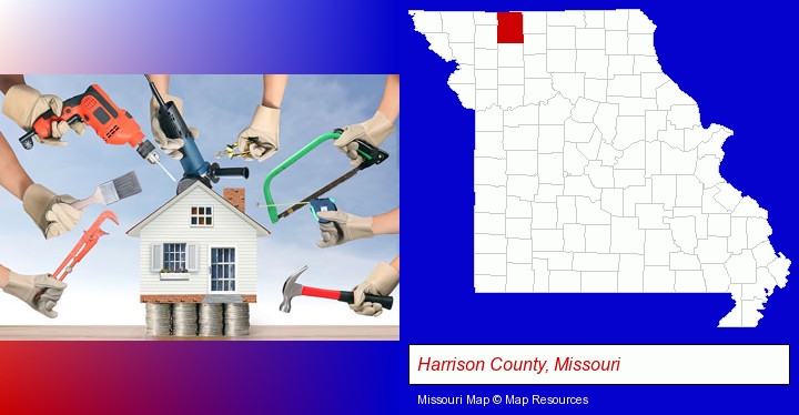 home improvement concepts and tools; Harrison County, Missouri highlighted in red on a map