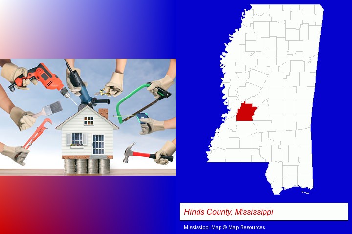 home improvement concepts and tools; Hinds County, Mississippi highlighted in red on a map