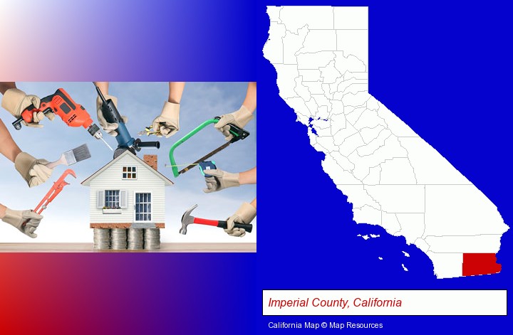 home improvement concepts and tools; Imperial County, California highlighted in red on a map