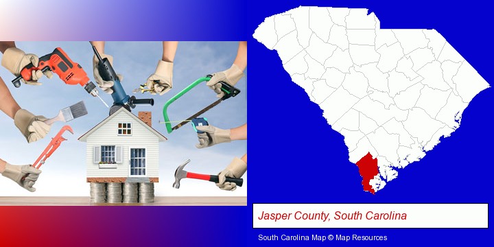 home improvement concepts and tools; Jasper County, South Carolina highlighted in red on a map