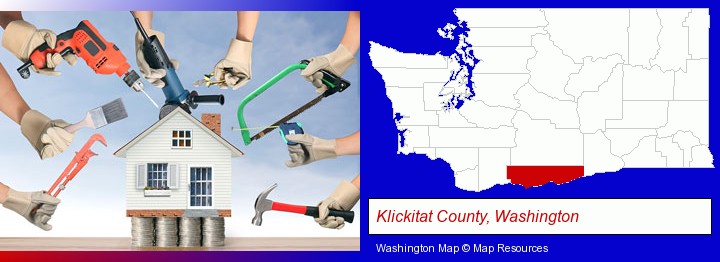 home improvement concepts and tools; Klickitat County, Washington highlighted in red on a map