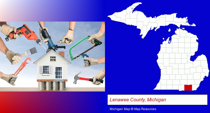 home improvement concepts and tools; Lenawee County, Michigan highlighted in red on a map