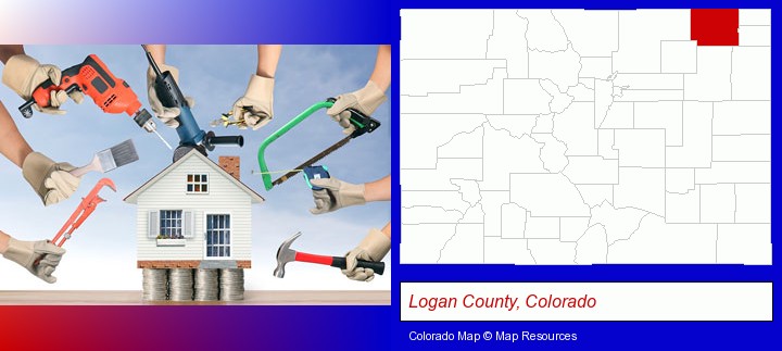 home improvement concepts and tools; Logan County, Colorado highlighted in red on a map