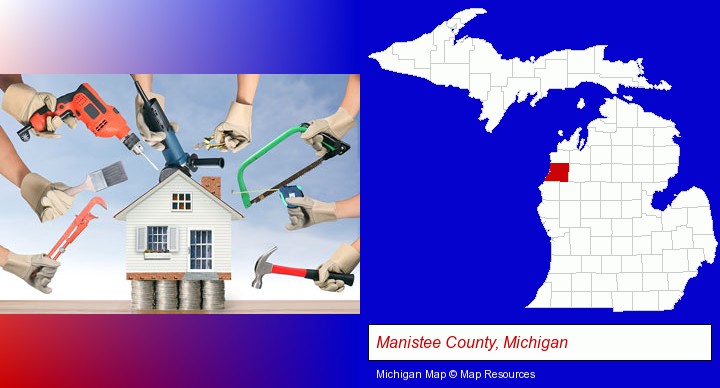 home improvement concepts and tools; Manistee County, Michigan highlighted in red on a map