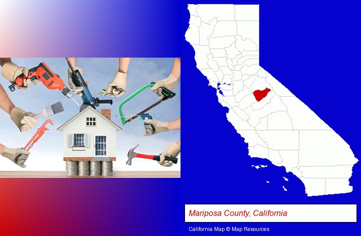 home improvement concepts and tools; Mariposa County, California highlighted in red on a map