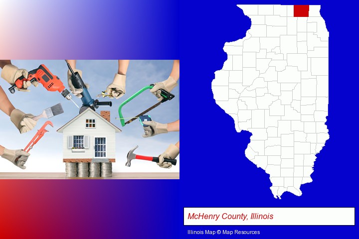 home improvement concepts and tools; McHenry County, Illinois highlighted in red on a map