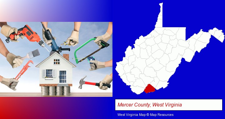 home improvement concepts and tools; Mercer County, West Virginia highlighted in red on a map