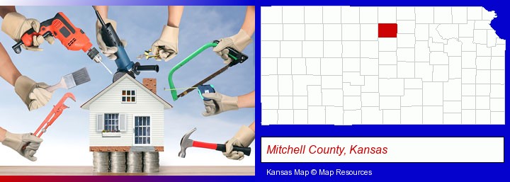 home improvement concepts and tools; Mitchell County, Kansas highlighted in red on a map