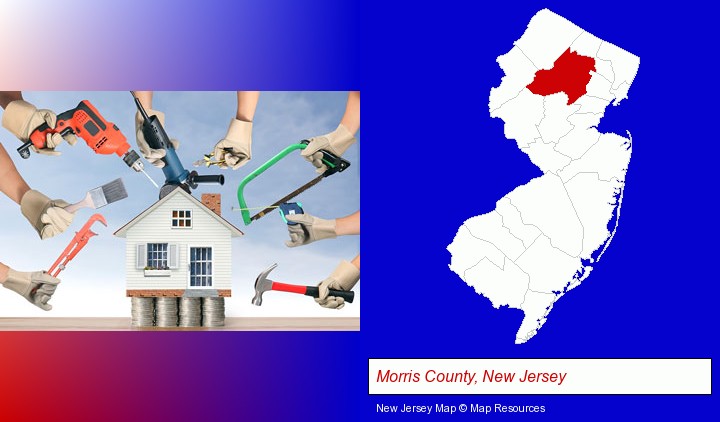 home improvement concepts and tools; Morris County, New Jersey highlighted in red on a map