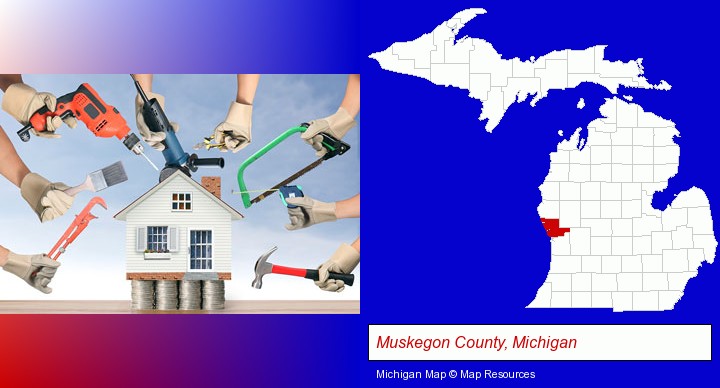 home improvement concepts and tools; Muskegon County, Michigan highlighted in red on a map