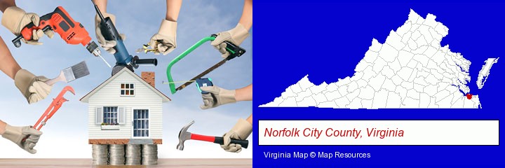 home improvement concepts and tools; Norfolk City County, Virginia highlighted in red on a map