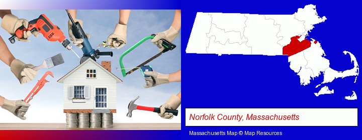 home improvement concepts and tools; Norfolk County, Massachusetts highlighted in red on a map