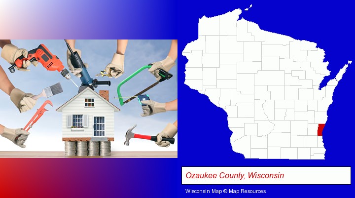 home improvement concepts and tools; Ozaukee County, Wisconsin highlighted in red on a map