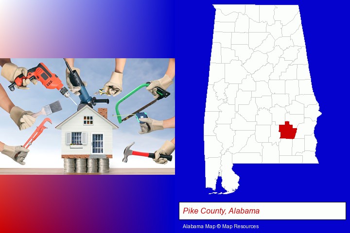 home improvement concepts and tools; Pike County, Alabama highlighted in red on a map