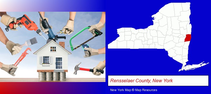 home improvement concepts and tools; Rensselaer County, New York highlighted in red on a map