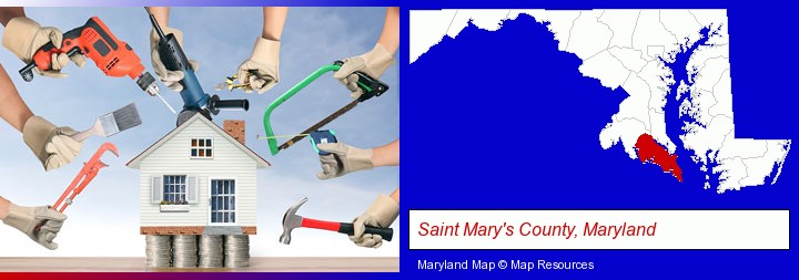 home improvement concepts and tools; Saint Mary's County, Maryland highlighted in red on a map