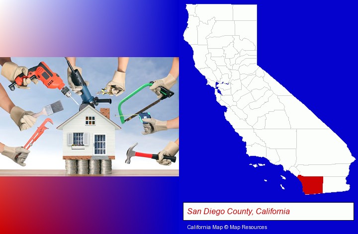 home improvement concepts and tools; San Diego County, California highlighted in red on a map