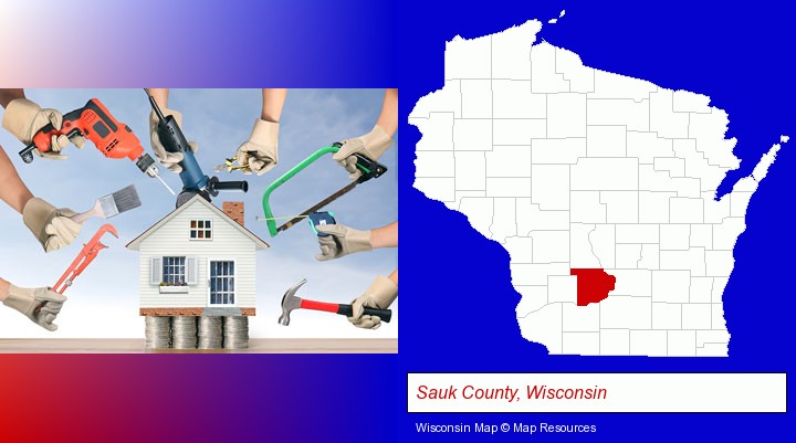 home improvement concepts and tools; Sauk County, Wisconsin highlighted in red on a map