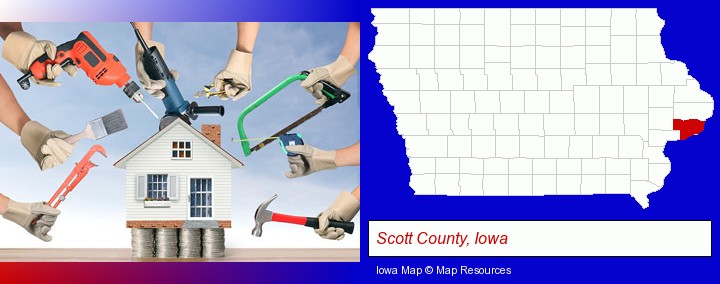 home improvement concepts and tools; Scott County, Iowa highlighted in red on a map